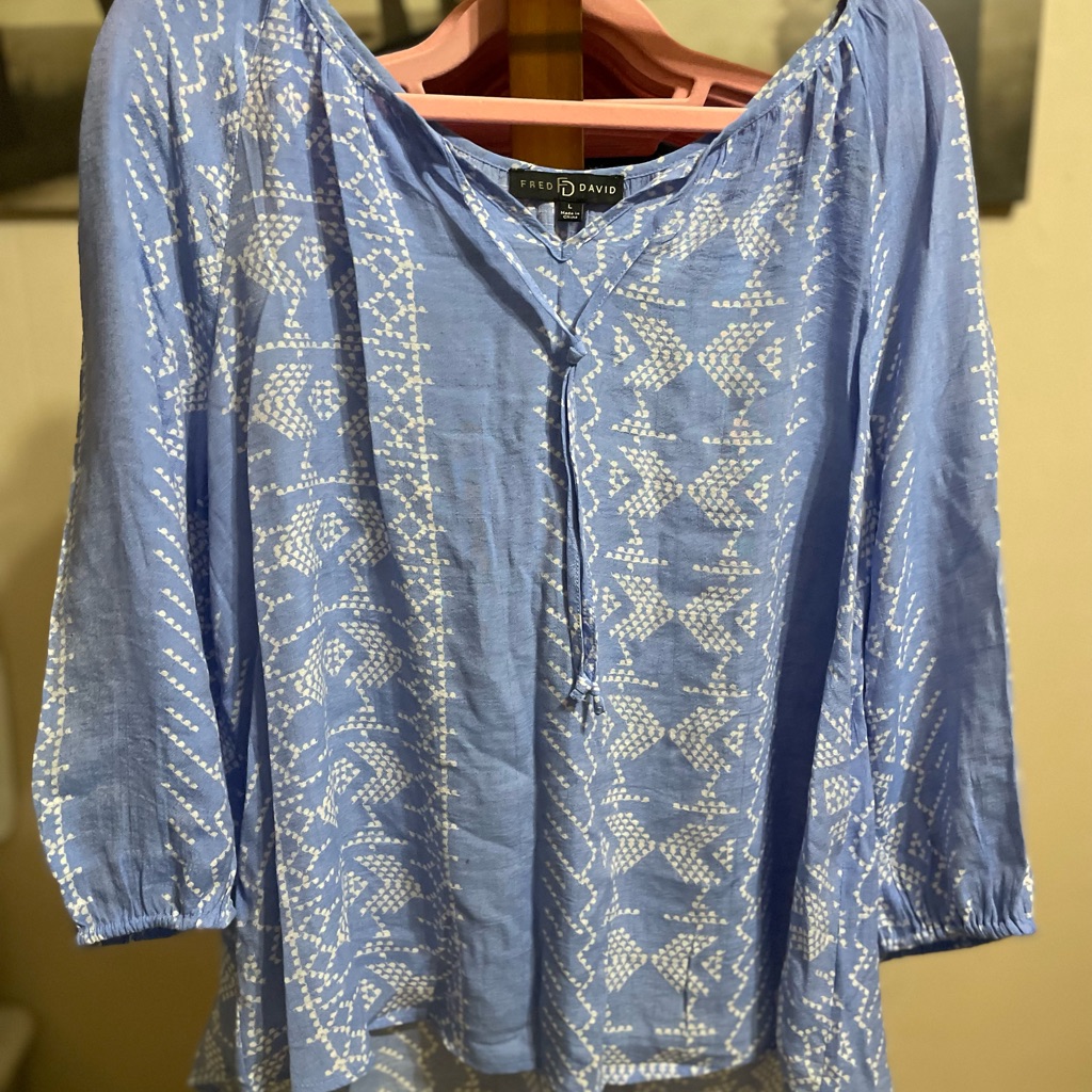 Fred David Light Blue And White Patterned Blouse
